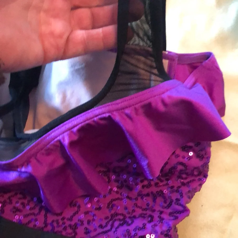 Weissman IC #10908 purple and black faux off shoulder/ ruffle on shoulder&skirt
